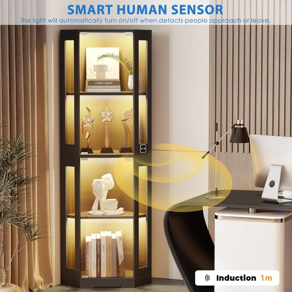 65 Inch Corner Glass Display Cabinet LED Showcase with Sensor Light