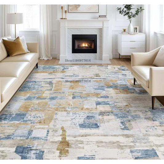 Blue Gold Abstract Living Room Rug Non-Slip Soft Washable Carpet