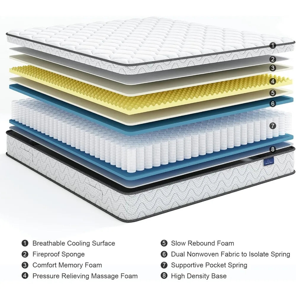 Ljustra Queen Mattress 14 Inch Hybrid Memory Foam Pocket Spring