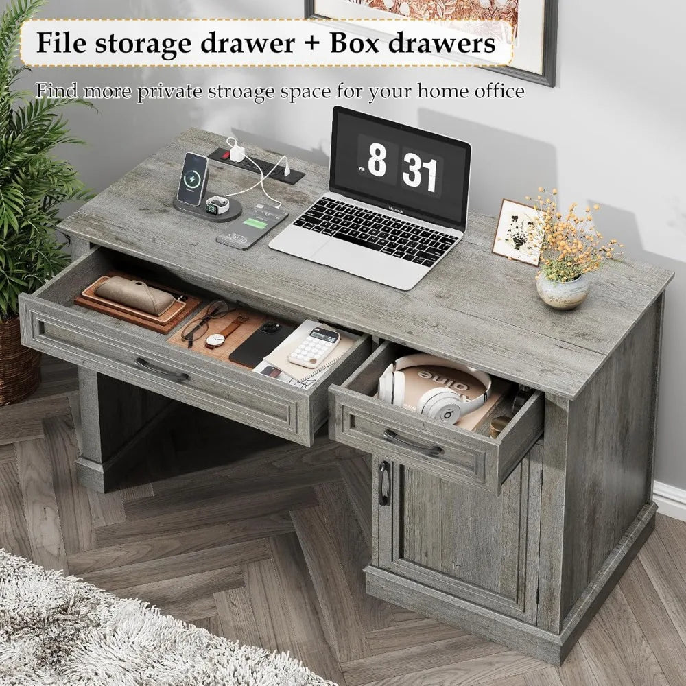 Rustic Farmhouse Executive Desk with Storage and Charging Station