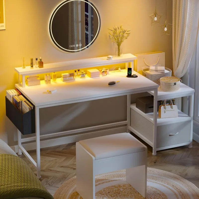 Ljustra 57" White Desk with Power Outlets Storage Shelves Monitor Stand