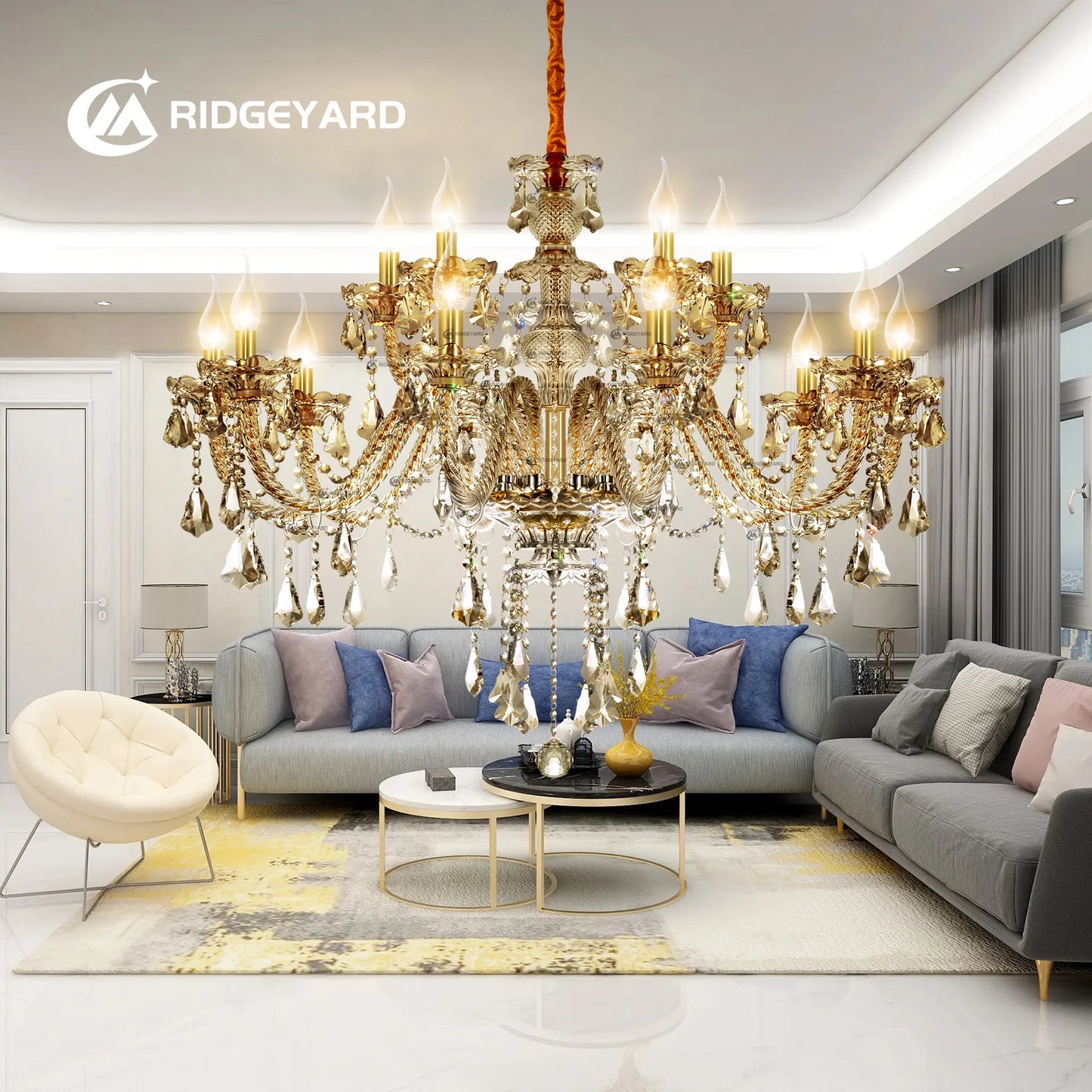 15 Arms Crystal Chandelier Pendant Light Modern K9 for Living Room