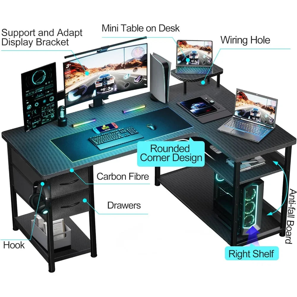 Gaming Desk L-Shaped Computer Desk with Drawers Monitor Arm Compatible