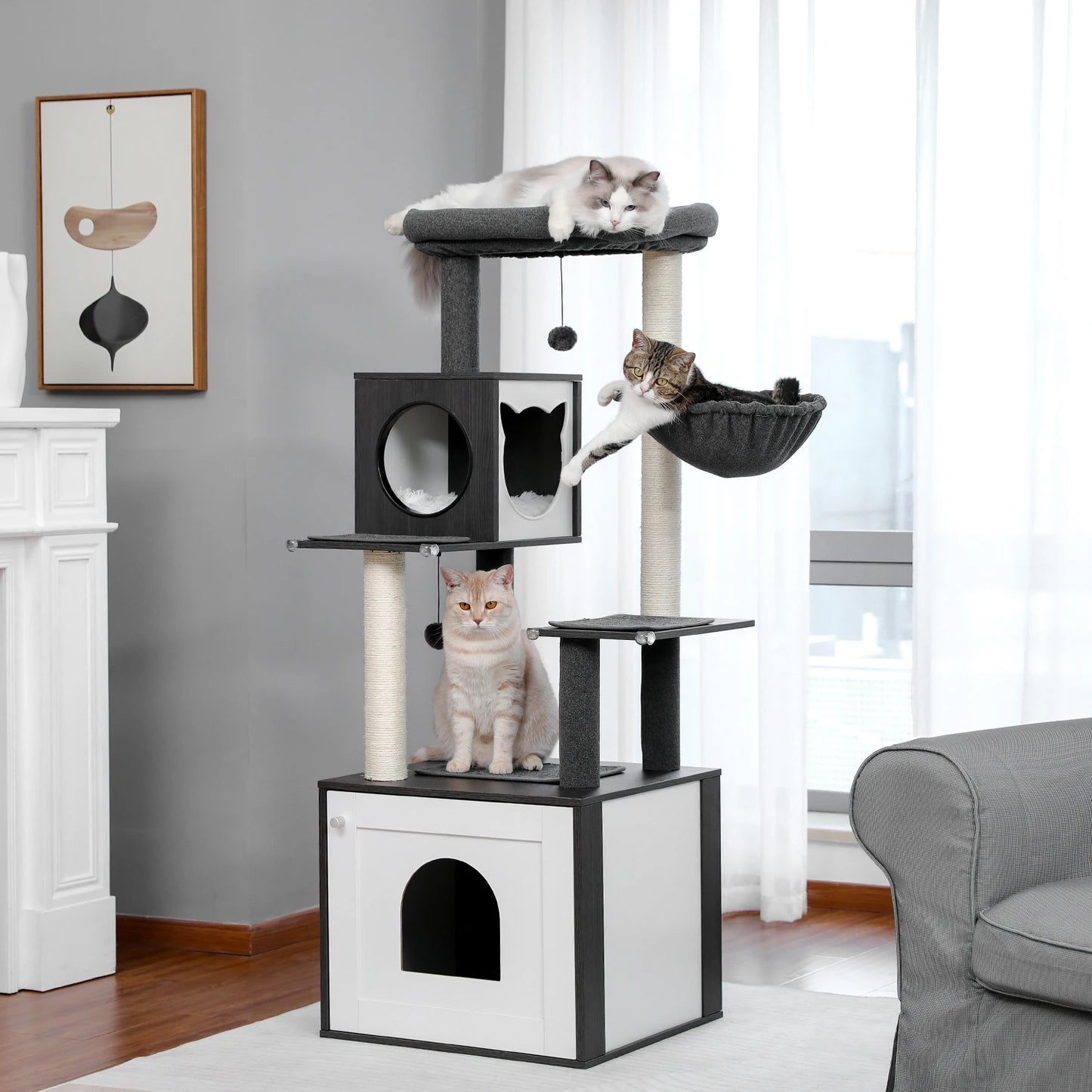Multi-Level Cat Tree Indoor Wood Tower with Hammock Scratching Posts