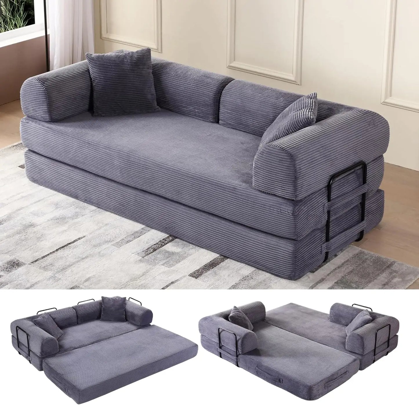 Ljustra Convertible Sofa Bed King Size Corduroy Sleeper Couch No Assembly