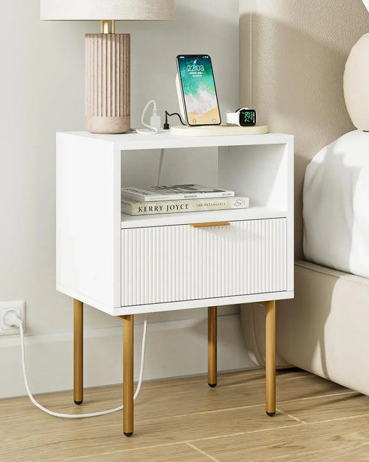 Small Bedside Table Gold Frame White Nightstand Drawer Shelf Furniture