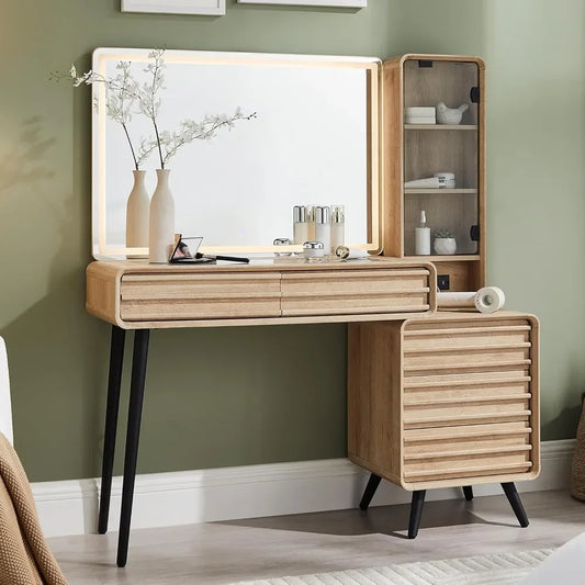 Fluted Makeup Vanity Desk with 35" Lighted Mirror and 5 Drawers