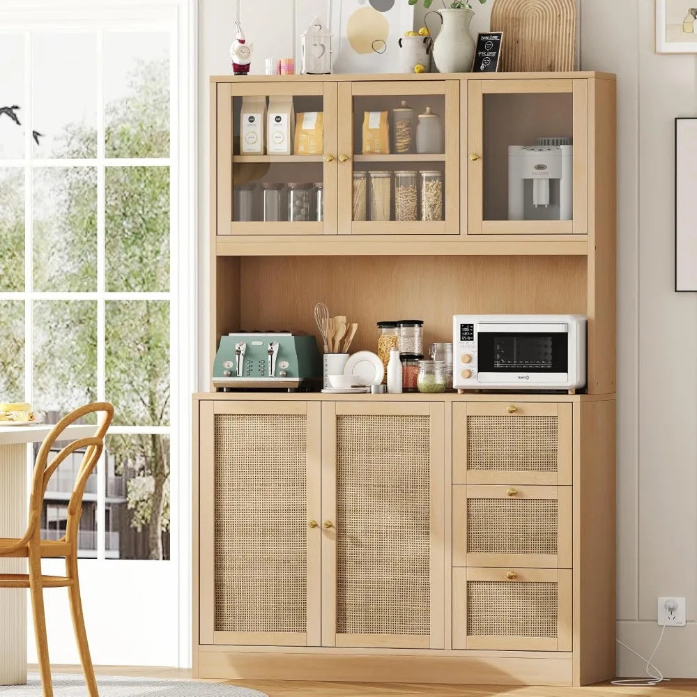Kitchen Pantry Hutch with Microwave Stand Boho Storage Cabinet