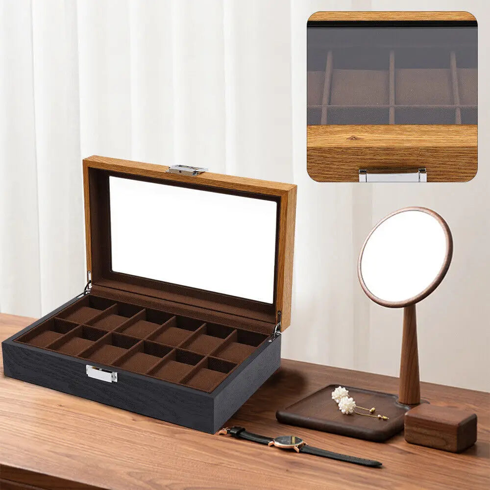 12 Slots Wooden Watch Box Organizer Jewelry Storage Case with Lock