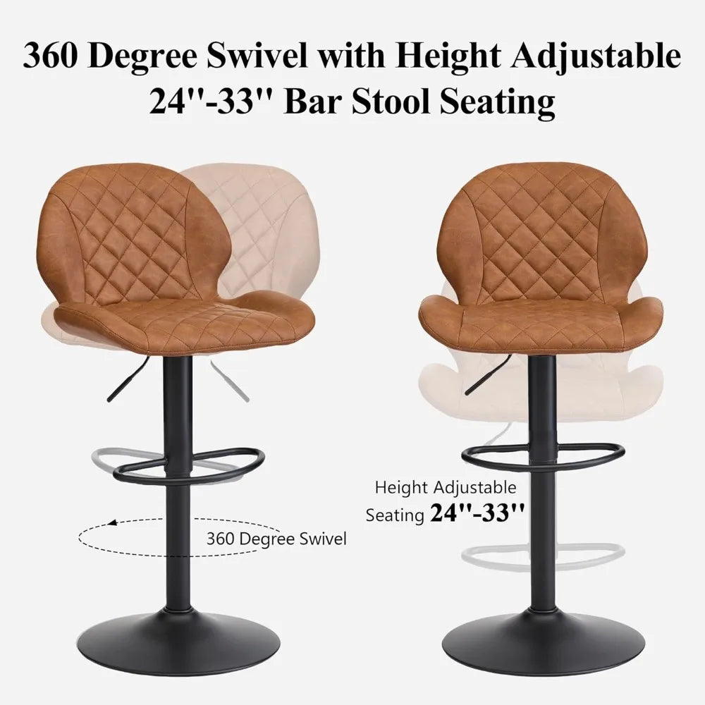 Set of 3 Adjustable Brown Swivel Bar Stools with Back for Home Bar
