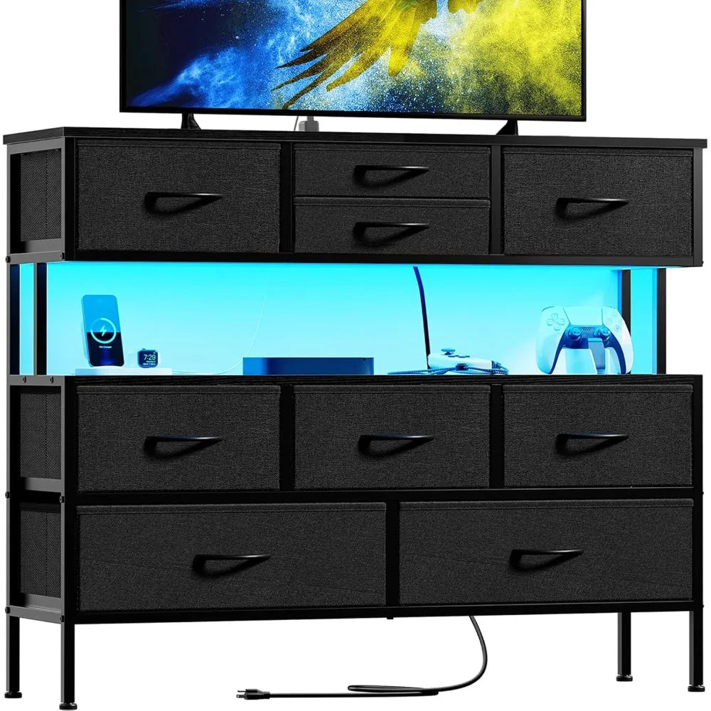 Dresser TV Stand with Charging Station LED Lights 55 Inch 9 Drawers