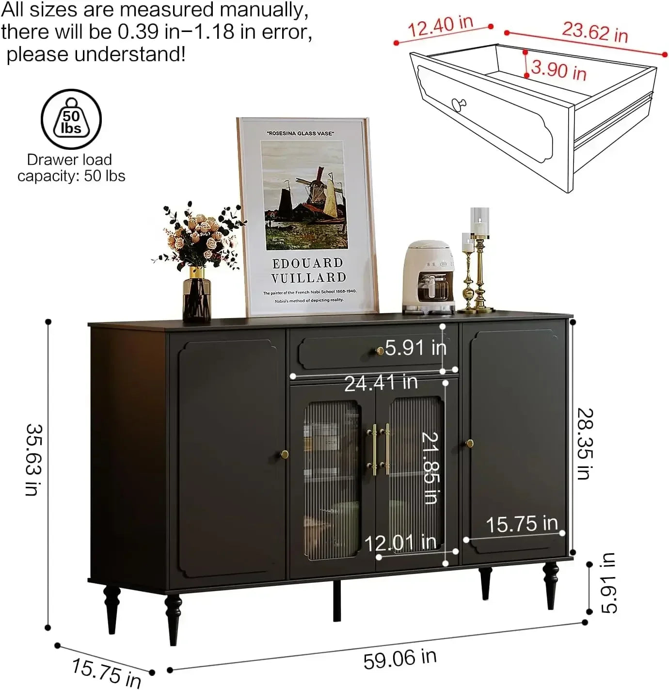 Sideboard Buffet Cabinet Coffee Bar with 4 Doors 1 Drawer Storage