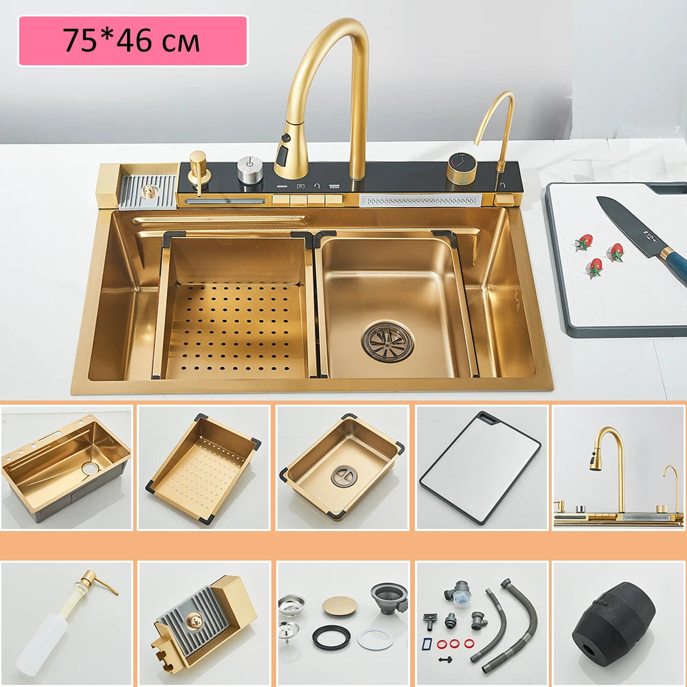 Large Stainless Steel Kitchen Sink 75x45cm with Faucet Digital Display