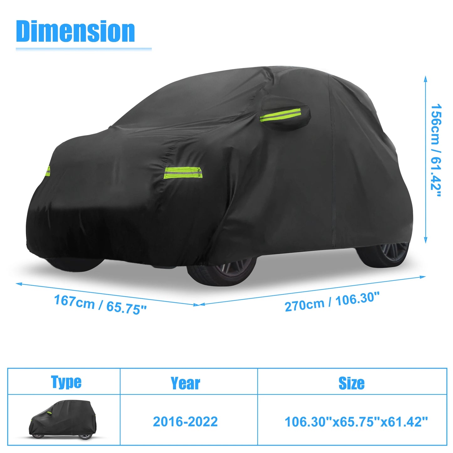 Uxcell Waterproof Car Cover Full Cover Zipper Smart Fortwo 2016-2022
