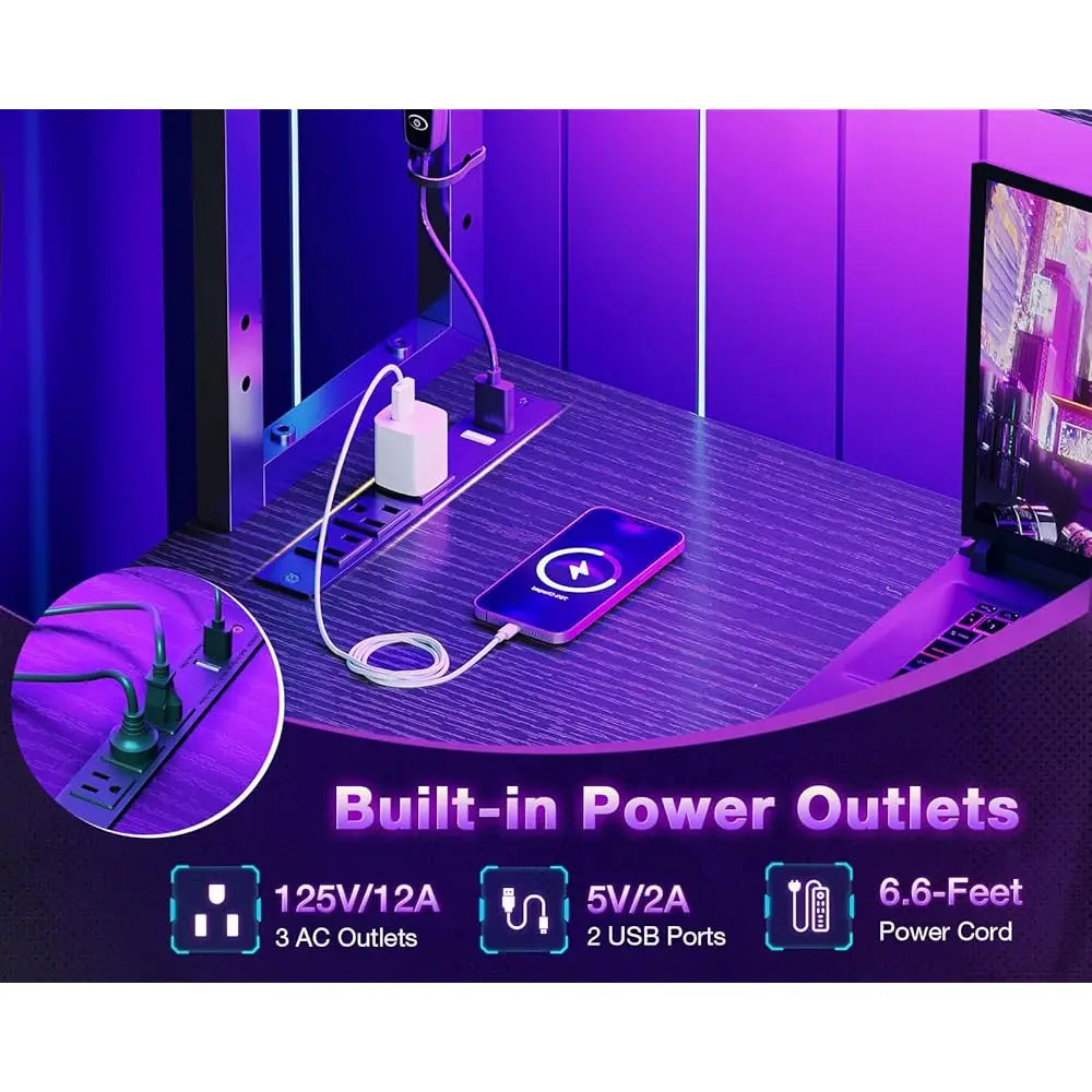 L Shaped Desk with LED Lighting Gaming Desk with Power Outlets Storage