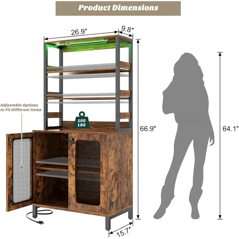 Bar Cabinet with Power Outlets LED Lights Wine Storage 67" Tall