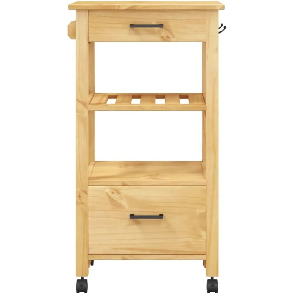 Ljustra Kitchen Trolley Rustic Wood Rolling Cart with 2 Drawers & Shelf