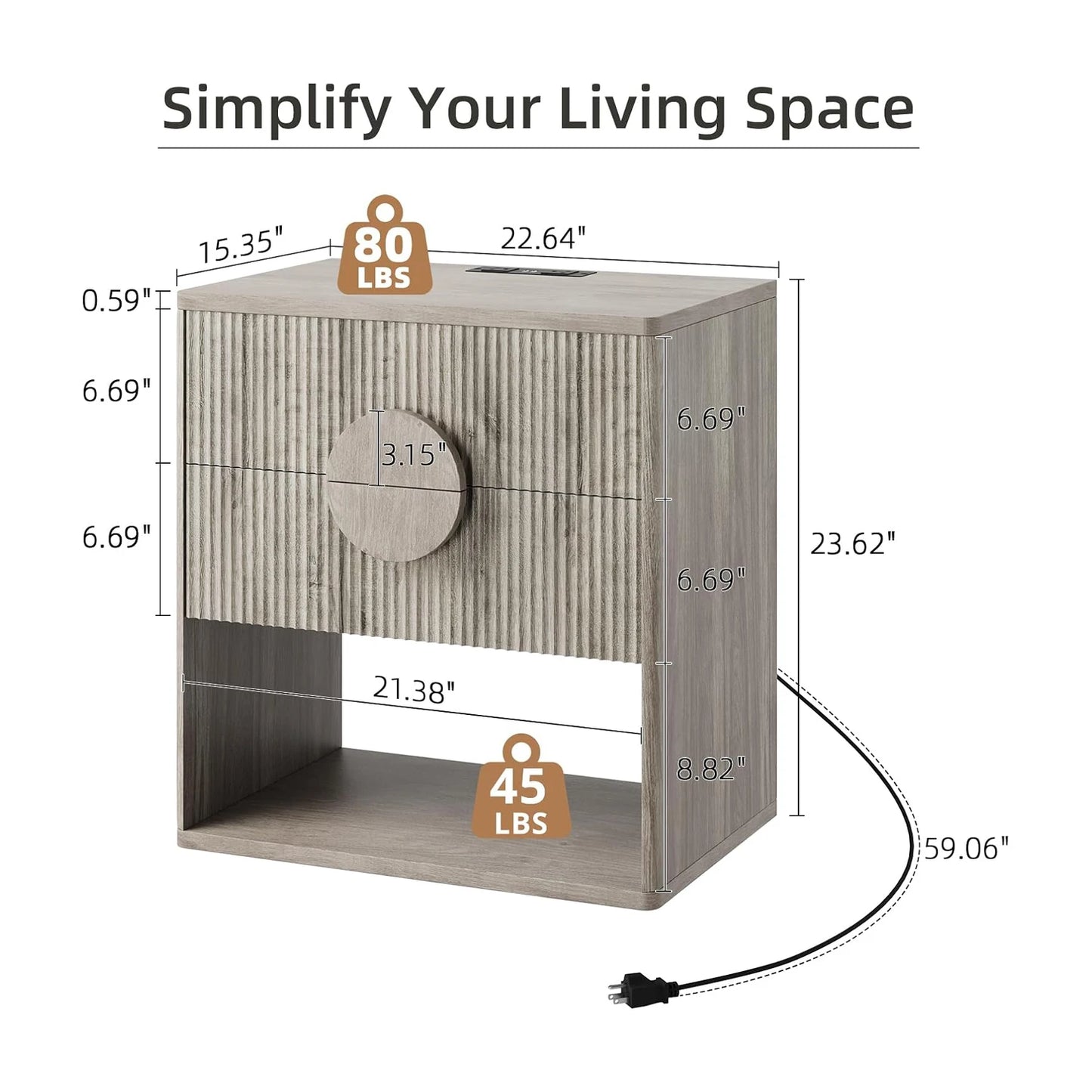 Large Fluted Nightstand Modern Bedside Table Storage for Bedroom Living Room