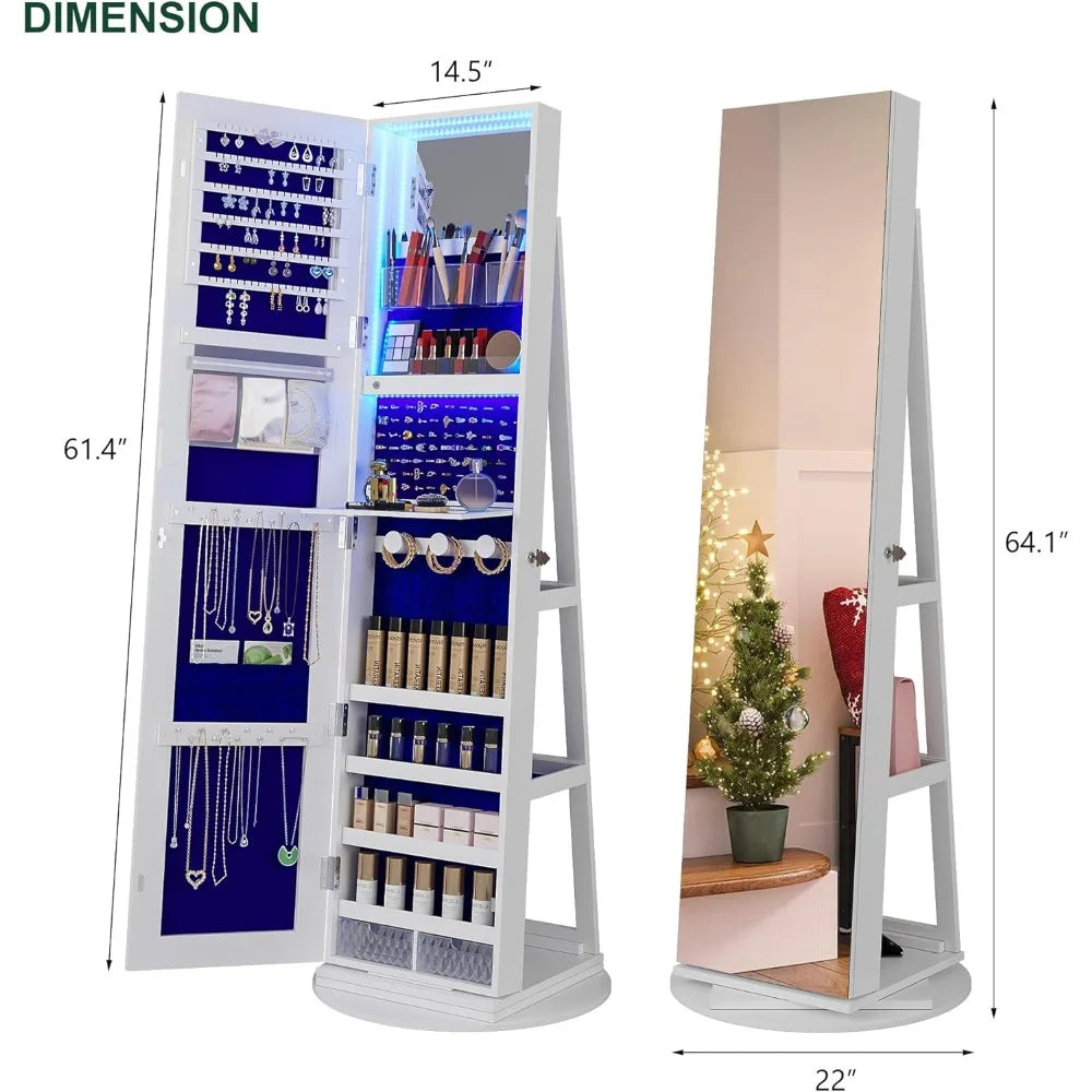 360° Swivel Jewelry Organizer with LED Mirror Storage Cabinet