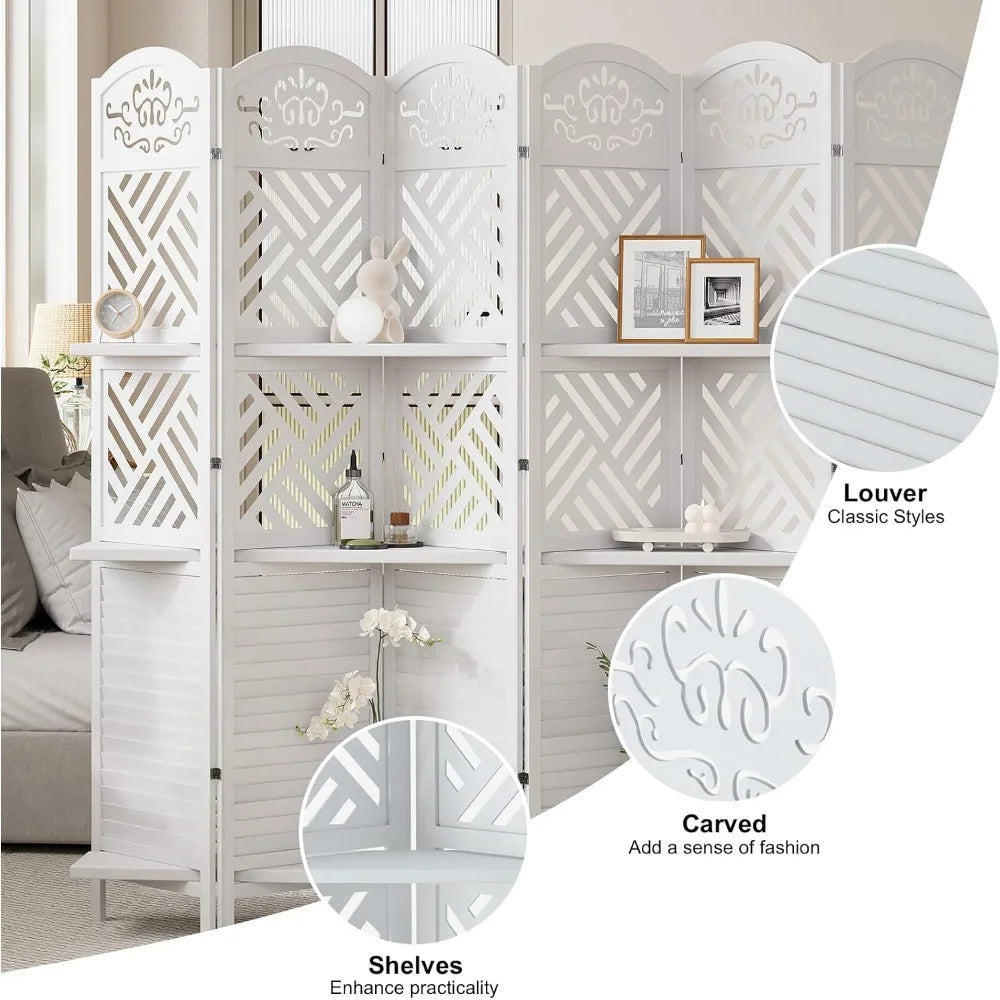 Room Divider with Shelves 5.75ft Tall Folding Wood Carved Screen