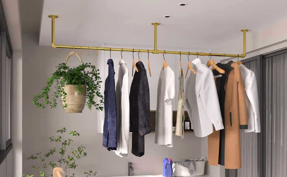 Wall Mounted Industrial Pipe Clothes Rack Space Saving Shelf Organizer