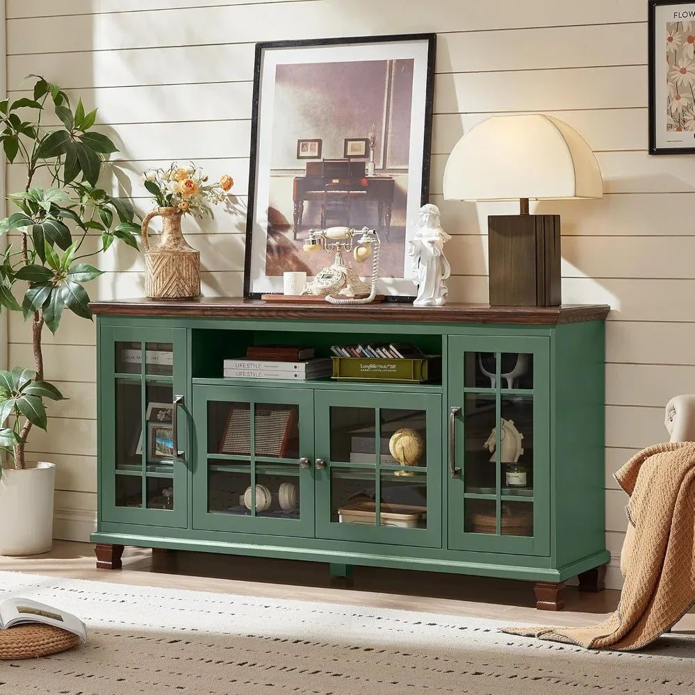 Large Vintage Green Sideboard Buffet Cabinet with Glass Doors