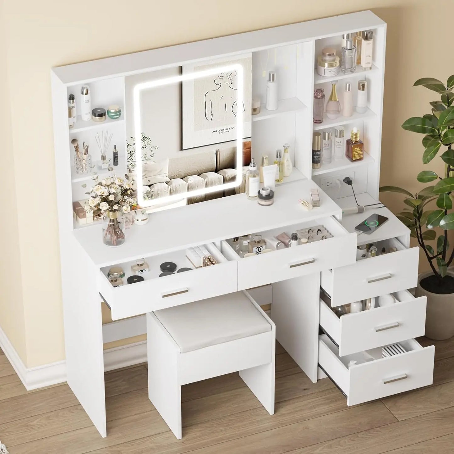 Vanity Desk with Mirror LED Lights Makeup Table Storage Charging Station