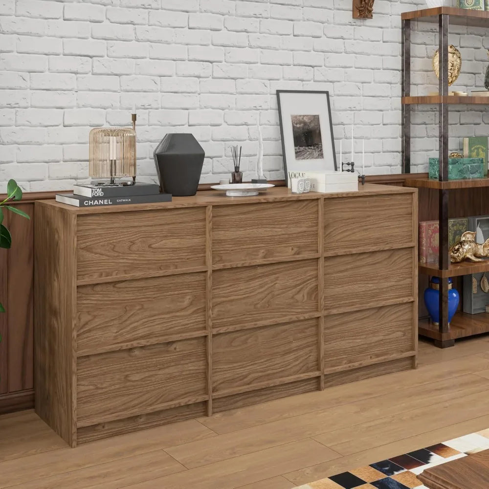 9 Drawer Walnut Dresser Large Storage Chest Modern Bedroom Organizer