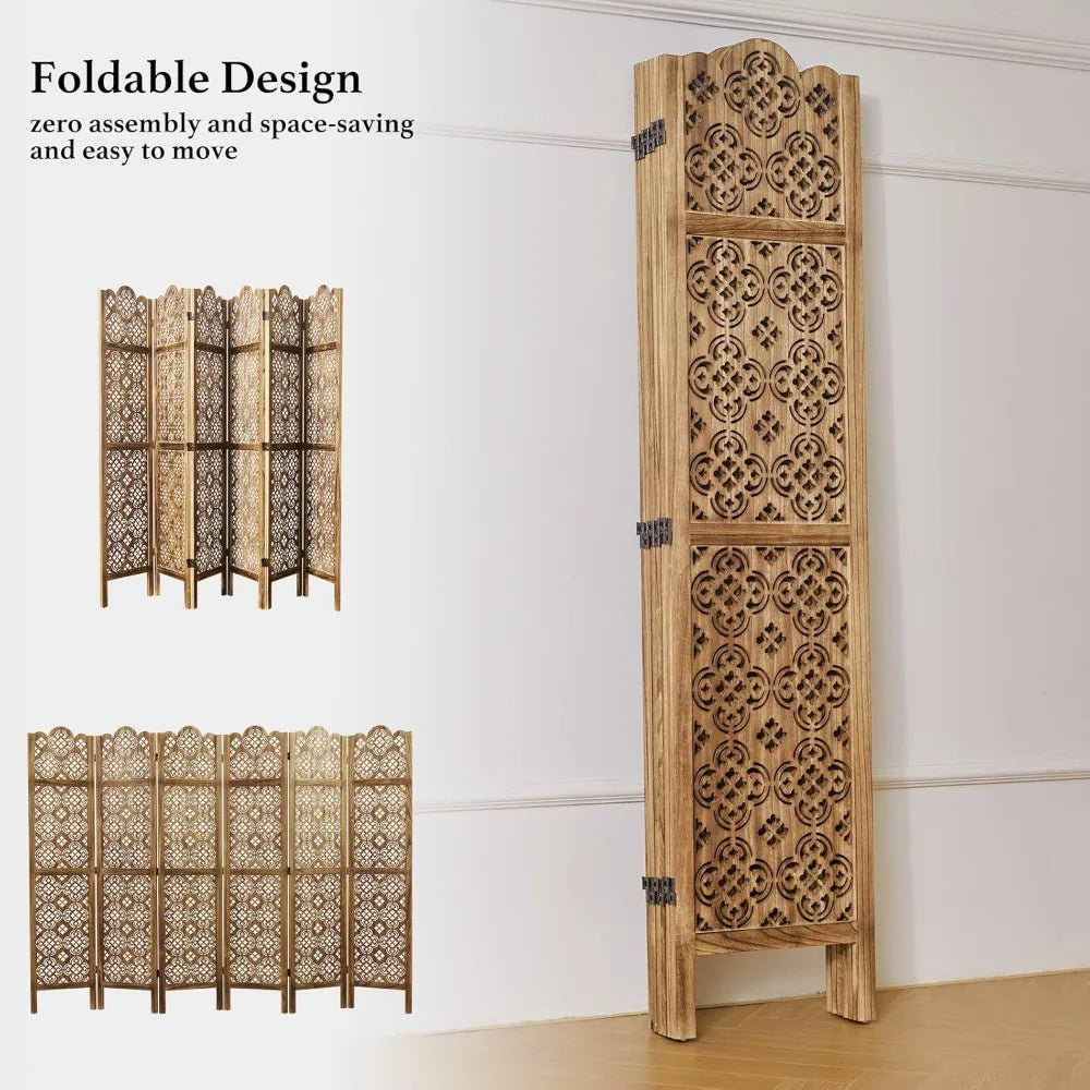 68.9Inch Folding Room Divider 6 Panels Wood Carved Privacy Screen Decor