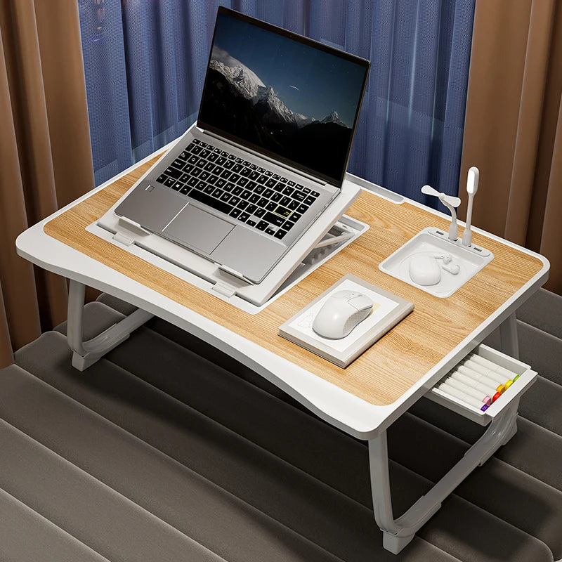 Foldable Laptop Bed Desk Portable Adjustable Height Wooden Surface