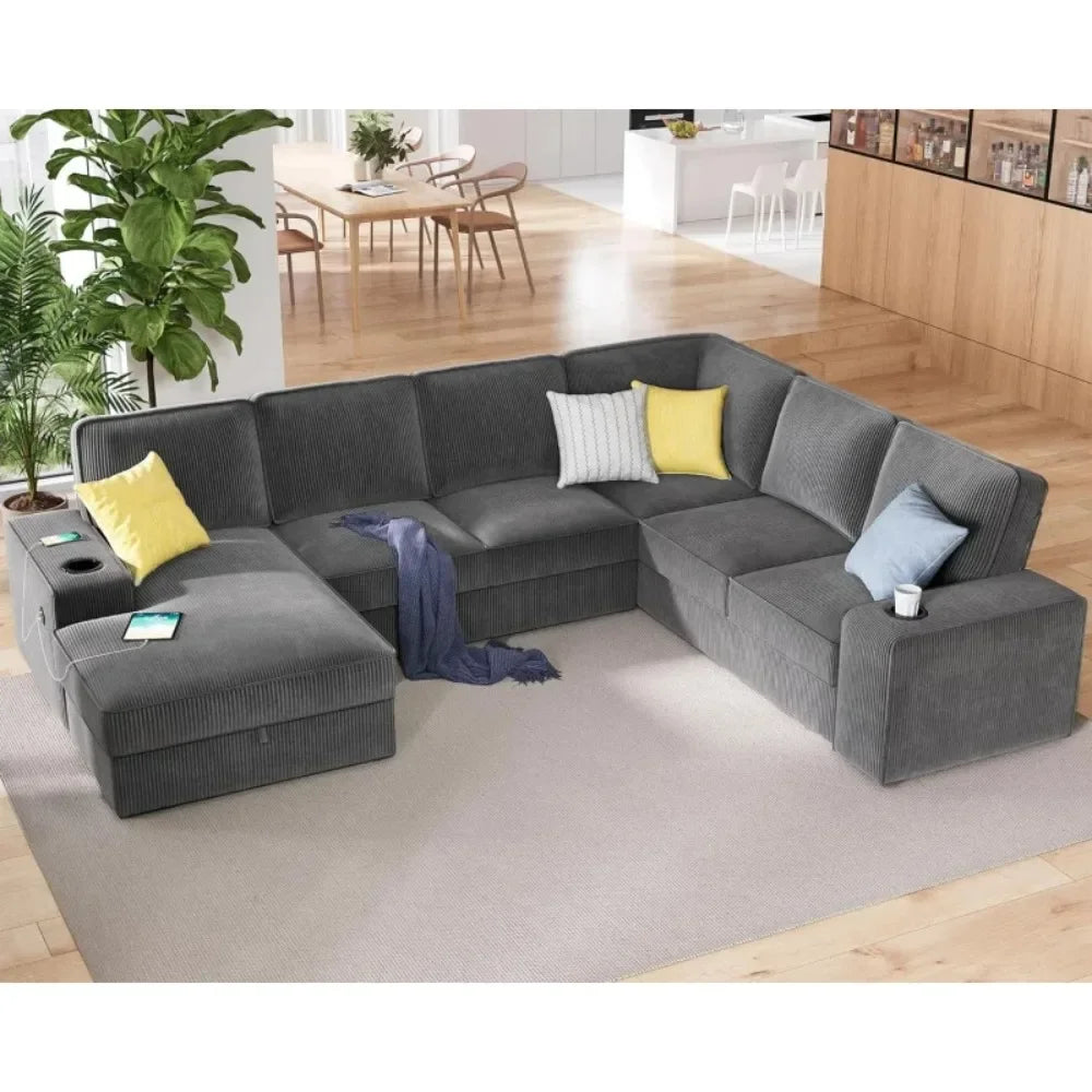 112 Inch U Shaped Sectional Sofa with USB Ports and Storage Chaise