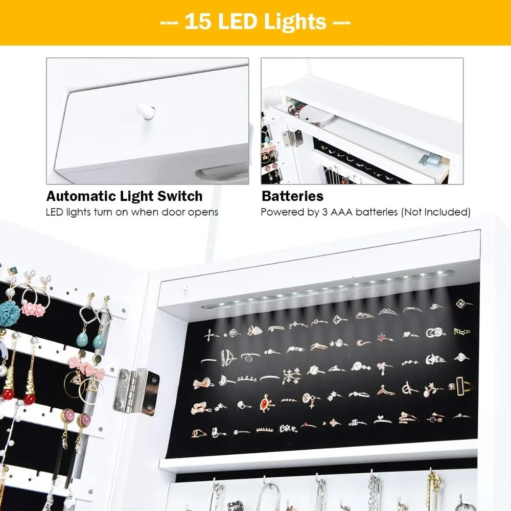 15 LED Jewelry Armoire Lockable Cabinet Full Length Mirror Storage