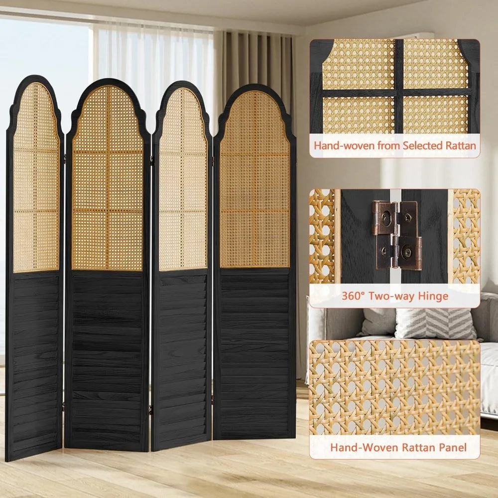 4 Panel Rattan Room Divider Folding Screen Privacy Partitions Modern