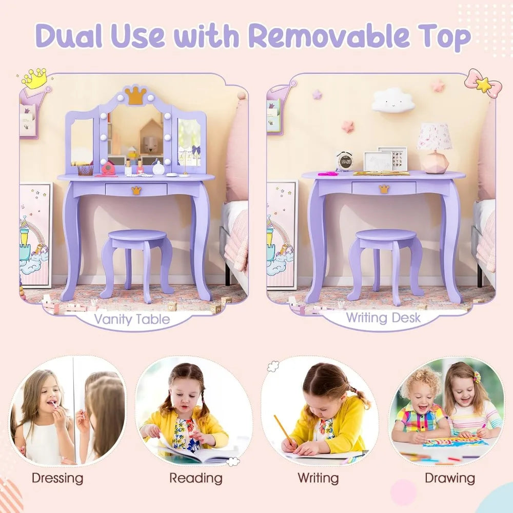 Kids Vanity with Lights Girls Makeup Desk Mirror Stool Toddler Set