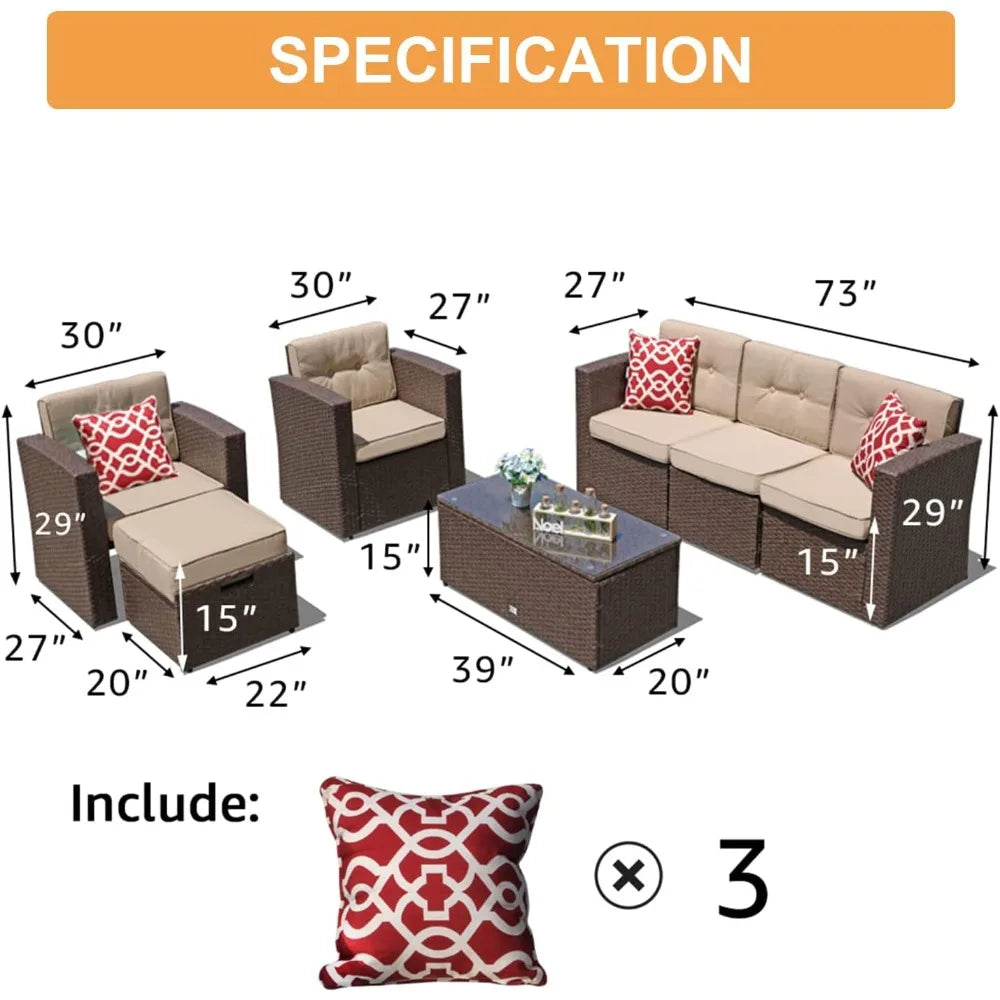 7 Piece Outdoor Patio Furniture Set Sectional Sofa with Ottoman
