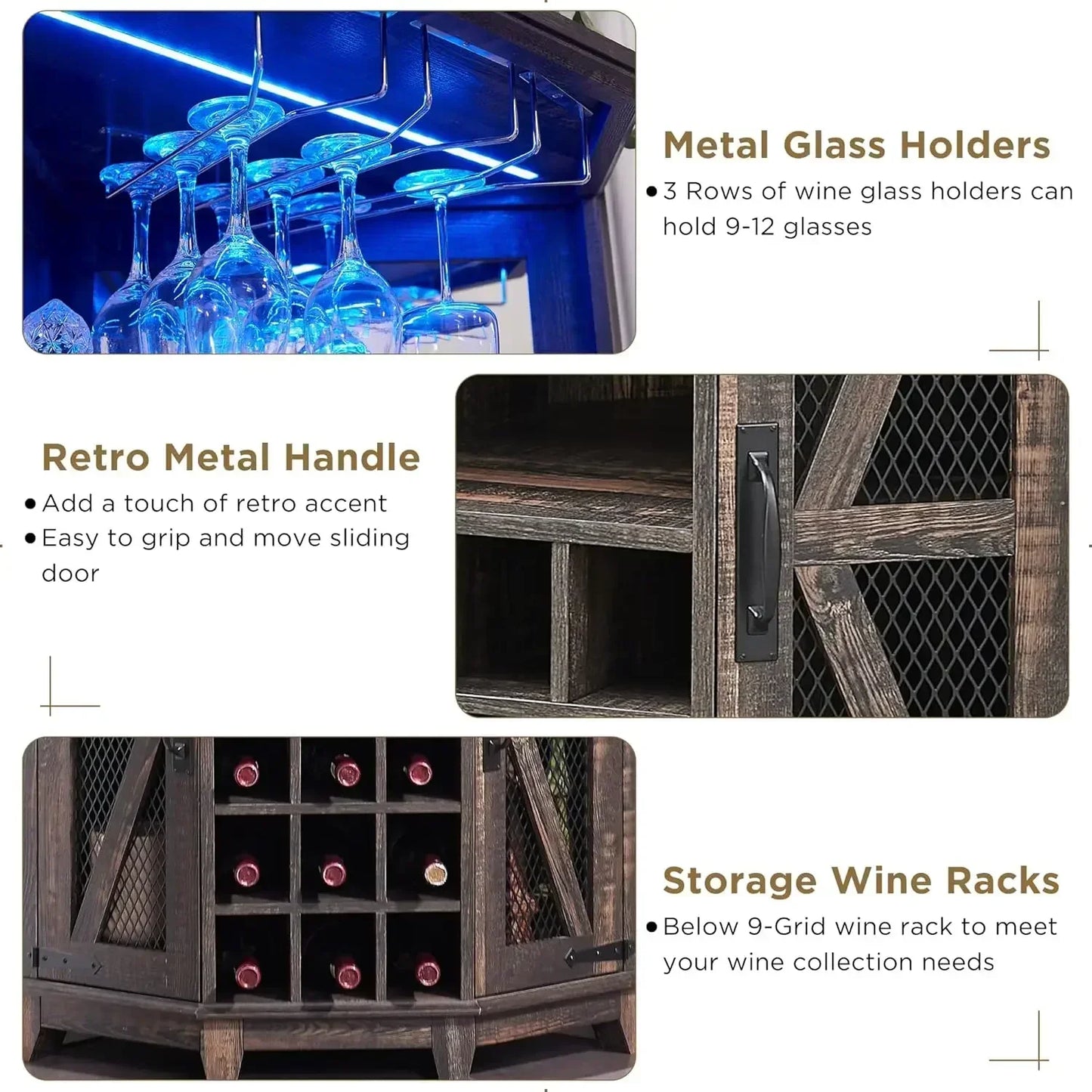 Corner Bar Cabinet 72" Tall Farmhouse Wine Storage with LED Light
