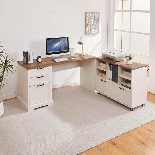 60 Inch L Shaped Executive Desk with File Cabinet and Charging Station