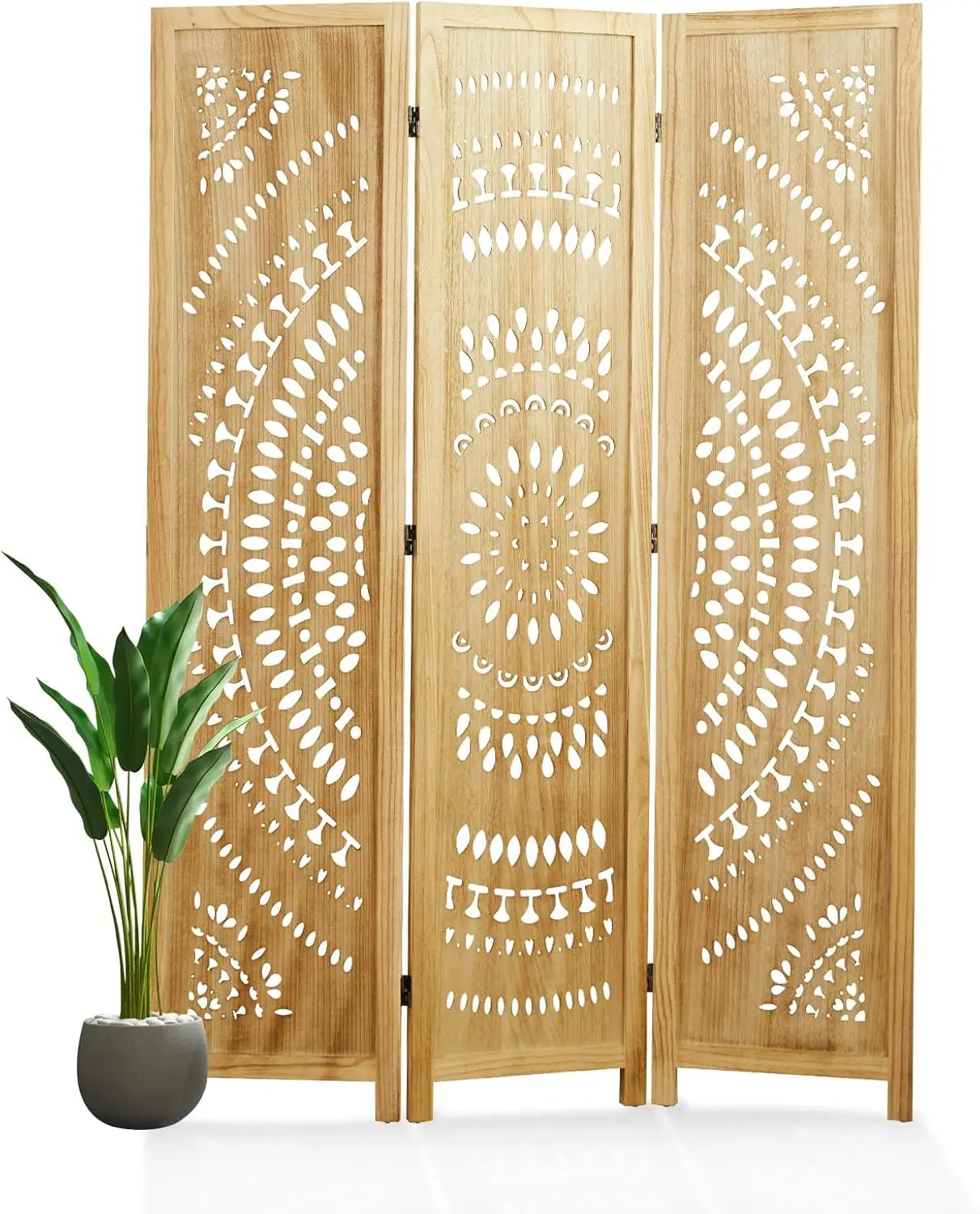 66.9Inch Folding Room Divider 6 Panel Wood Carved Privacy Screen Partition