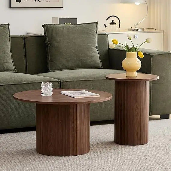 Small Round Coffee Table Set of 2 Wood Finish Nesting Tables Living Room