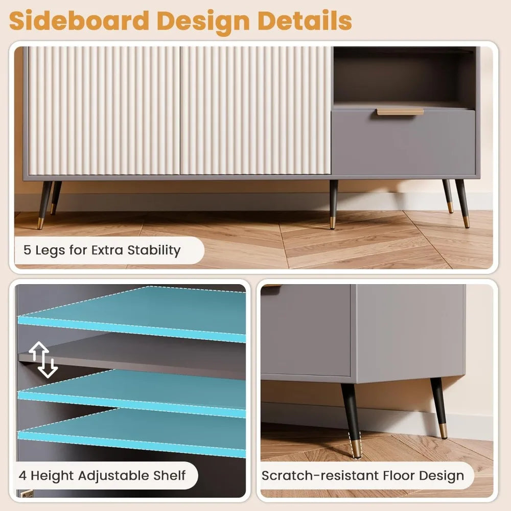 47 Inch Fluted Sideboard Cabinet Buffet Storage Adjustable Shelves