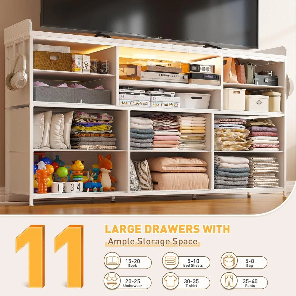 Dresser with 11 Drawers LED Lights Charging Station TV Stand for Bedroom