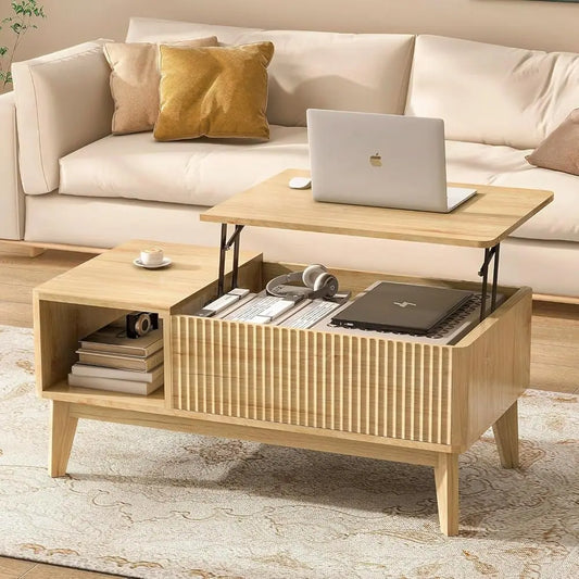 Fluted Lift Top Coffee Table with Hidden Compartment Modern Design