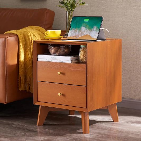 Nightstand with Charging Station Mid Century Modern Side Table Storage