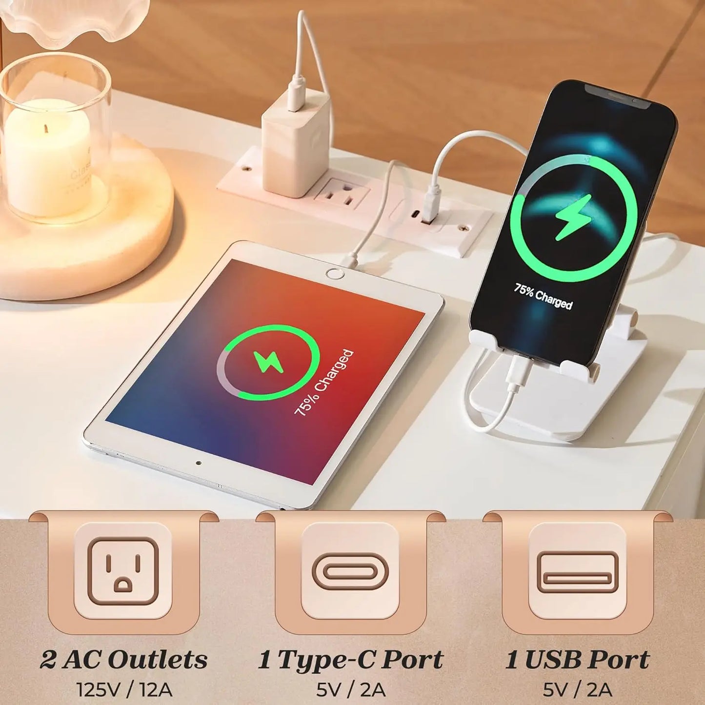 Nightstand with Charging Station 2 Drawers Modern Bedside Table Storage