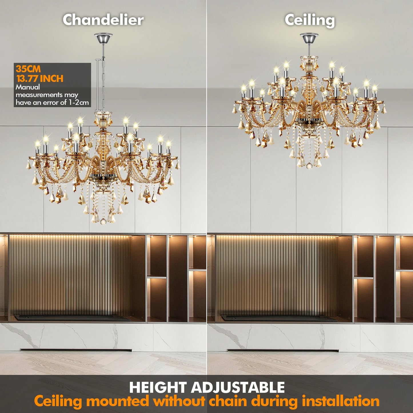15 Arms Crystal Chandelier Pendant Light Modern K9 for Living Room