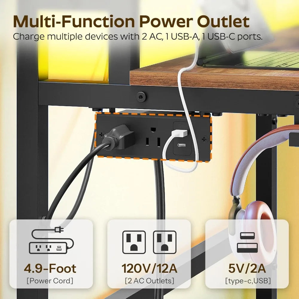 Desk with Charging Station LED Lights Gaming Desk Monitor Stand Home Office
