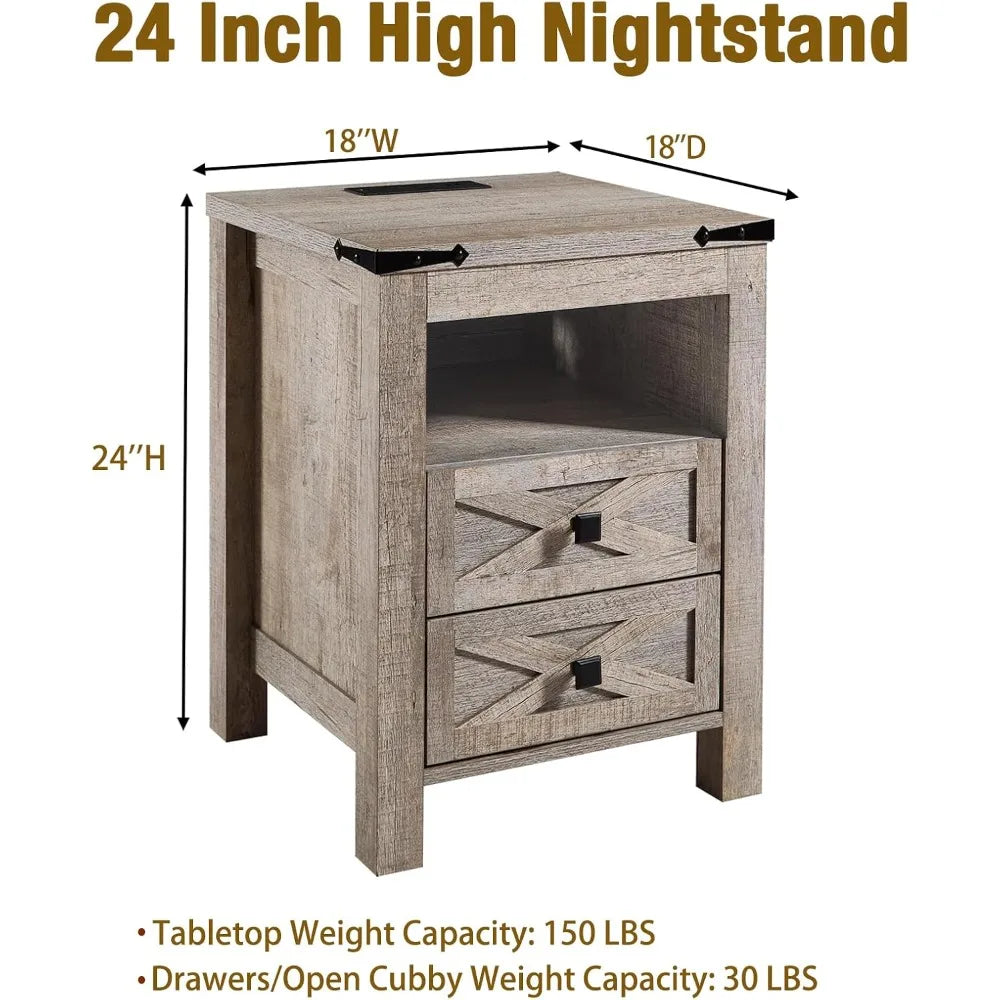 Nightstand with Charging Station 2 Drawers Farmhouse Bedside Table