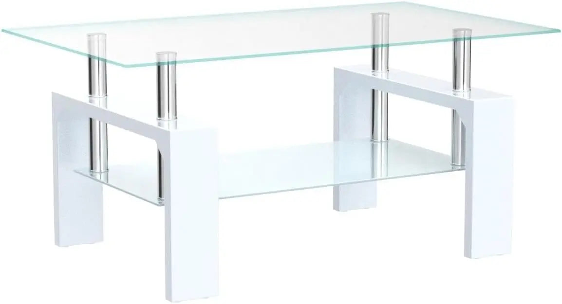 Modern Rectangle Coffee Table with Wooden Legs and Glass Top for Living Room