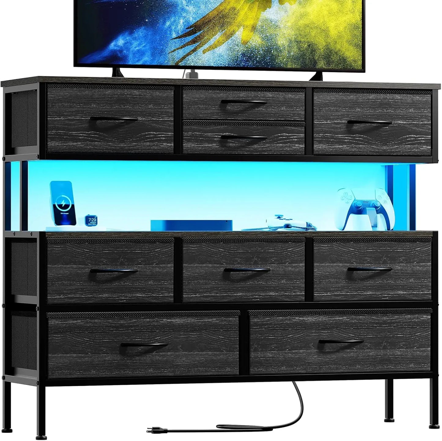 Dresser TV Stand with Charging Station LED Lights 55 Inch 9 Drawers