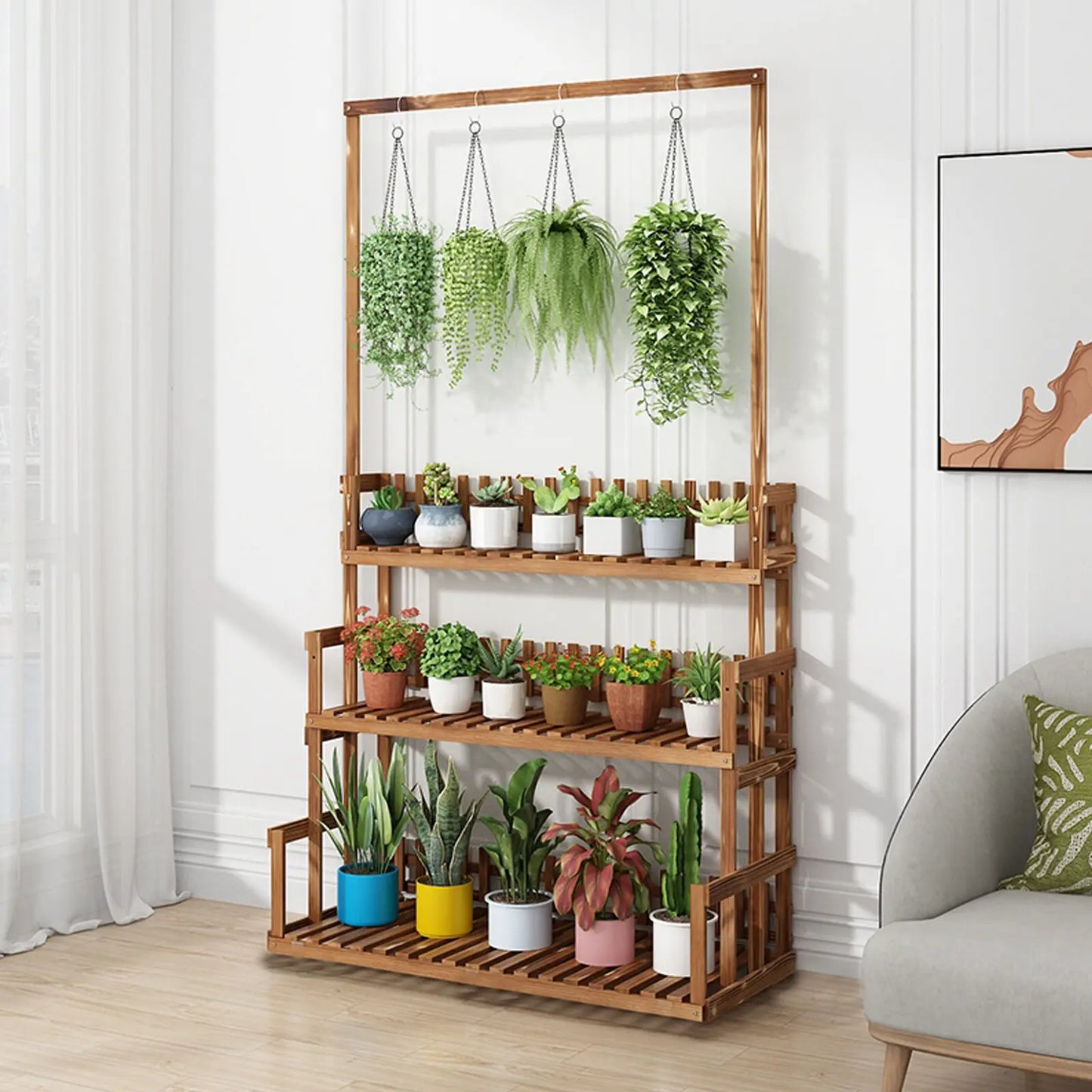 3-Tier Hanging Wood Plant Stand Multi-Display Shelf Indoor Outdoor